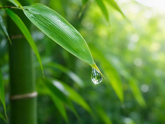 一片鲜嫩的竹叶，竹叶尖挂着一滴水珠，水珠晶莹透亮