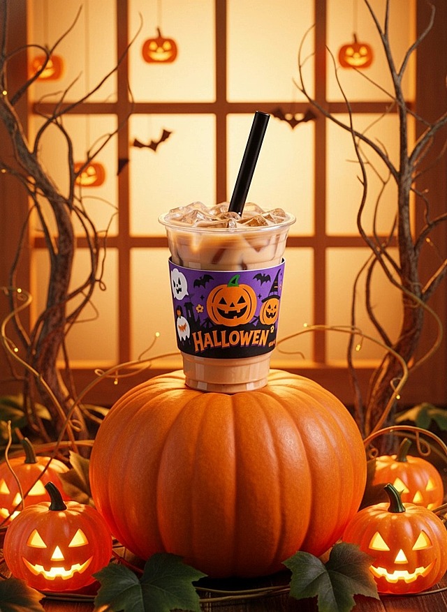 主体放在圆形南瓜上，前景点缀南瓜灯，植物叶片，两边搭配枯树枝；背景橙色渐变，木制窗户，窗外暖光，点缀南瓜、小蝙蝠，背景虚化，万圣节氛围