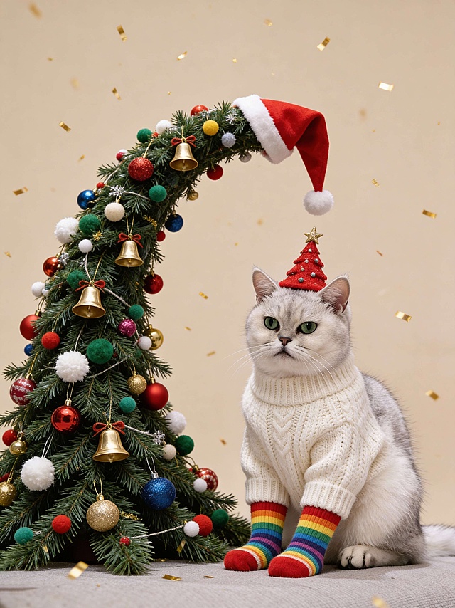 参考图中宠物着米白色针织毛衣与彩虹条纹袜，坐于米色纯色背景前，猫咪头顶红色迷你圣诞树造型的帽子，眼神无辜而梦幻。身旁矗立一棵弯曲如弧形的巨型圣诞树，枝叶繁茂，缀满彩球、铃铛与绒球装饰，树顶悬垂如魔法帽檐。整体构图居中对称，猫为视觉焦点，树体形成动态弧线引导视线。背景纯净无干扰，空中飘着细碎的金色彩带，营造节日氛围。