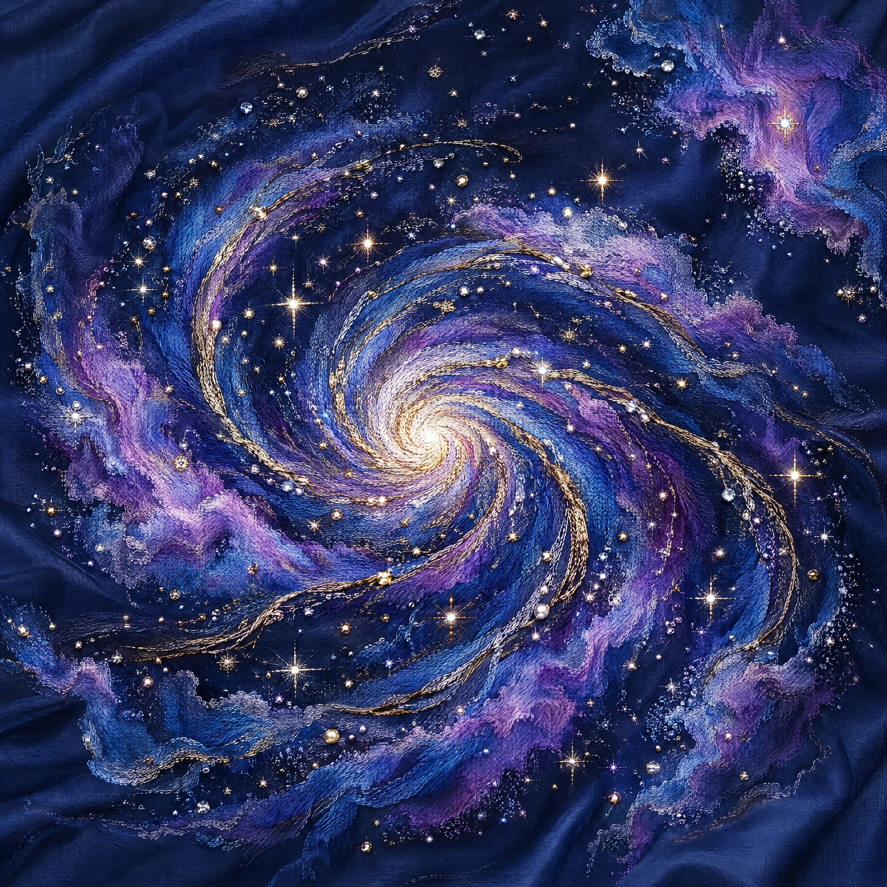 一幅名为「星河流光」的方形广绣纹样，主题为螺旋星系与星云。画面… - 图片创意预览