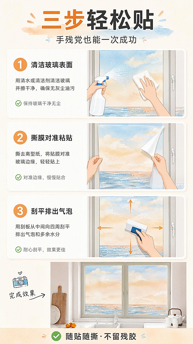 [第5张] 安装教程页 — 三步轻松贴附操作指引。本张使用【图1】的水彩海景贴膜作为产品样式。
[氛围/风格] 简洁明了教程风，步骤清晰，插画+实景结合，温馨易懂。
[元素布局] 画面分为上中下三个步骤区域，纵向排列；步骤1：清洁玻璃，配喷壶喷水+抹布擦拭窗户的插画示意；步骤2：撕膜对位，配双手撕去离型纸、将贴膜对准玻璃的示意；步骤3：刮平排气，配刮板从中间向四周刮平贴膜的示意；每个步骤旁有圆形数字编号1/2/3；底部展示贴好后的完整窗户效果小图。
[光影质感] 均匀明亮柔光，每个步骤区域清晰分隔，整体干净清爽。
[配色色系] 全局底色 #FFF8F0（米白暖调）；主色 暖橙#F5C6A5 + 浅蓝#A8D0E6；辅助色 白色步骤卡片、深灰文字、绿色对勾点缀。
[视角构图] 纵向三段式布局，每步等高，阅读动线从上到下。
[文字版式] 顶部主标题「三步轻松贴」，副标题「手残党也能一次成功」；每个步骤配标题：「①清洁玻璃表面」「②撕膜对准粘贴」「③刮平排出气泡」，标题下配1-2行注意事项小字；底部加提示「随贴随撕·不留残胶」；字体为简洁黑体+手写数字编号。
[比例分辨率] 9:16 竖版比例，4K分辨率，文字清晰可辨，高清画质。
[负向提示词] 步骤混乱，文字过小，颜色偏差，水印，插画模糊，排版拥挤，画面杂乱。