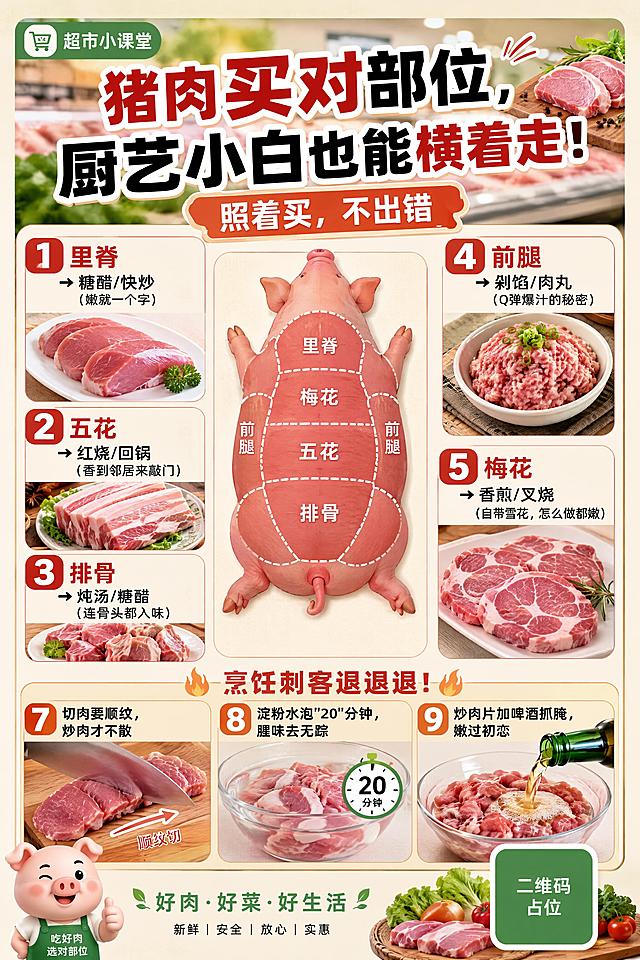 超市猪肉烹饪教学内容种草海报，风格为写实商业摄影，实用生活化生鲜科普风格，色彩明亮贴近生活，清晰分区排版，版式精美。

锁定主标题："猪肉买对部位，厨艺小白也能横着走！"
锁定副标题："照着买，不出错"

画面主视觉展示不同部位猪肉的示意图，分区块清晰展示文字信息，整体是干货种草科普感。

必须完整呈现以下文字信息：
1. 里脊 ➔ 糖醋/快炒（嫩就一个字）
2. 五花 ➔ 红烧/回锅（香到邻居来敲门）
3. 排骨 ➔ 炖汤/糖醋（连骨头都入味）
4. 前腿 ➔ 剁馅/肉丸（Q弹爆汁的秘密）
5. 梅花 ➔ 香煎/叉烧（自带雪花，怎么做都嫩）
6. 烹饪刺客退退退！
7. 切肉要顺纹，炒肉才不散
8. 淀粉水泡"20"分钟，腥味去无踪
9. 炒肉片加啤酒抓腌，嫩过初恋

数字约束：画面中所有数字必须精确渲染，不得错位、遗漏或编造。
约束：画面中所有信息区域必须填充完整合理的内容，不得出现空白框、空白占位，确保是完整可用的成品海报。
约束：画面中所有二维码区域使用纯色方块占位符呈现，方块中央标注"二维码占位"文字，严禁生成任何可识别的二维码图案。

画面比例为2:3，四边保留安全边距，信息层级分明，文字清晰可读，整体是超市实用科普海报风格。