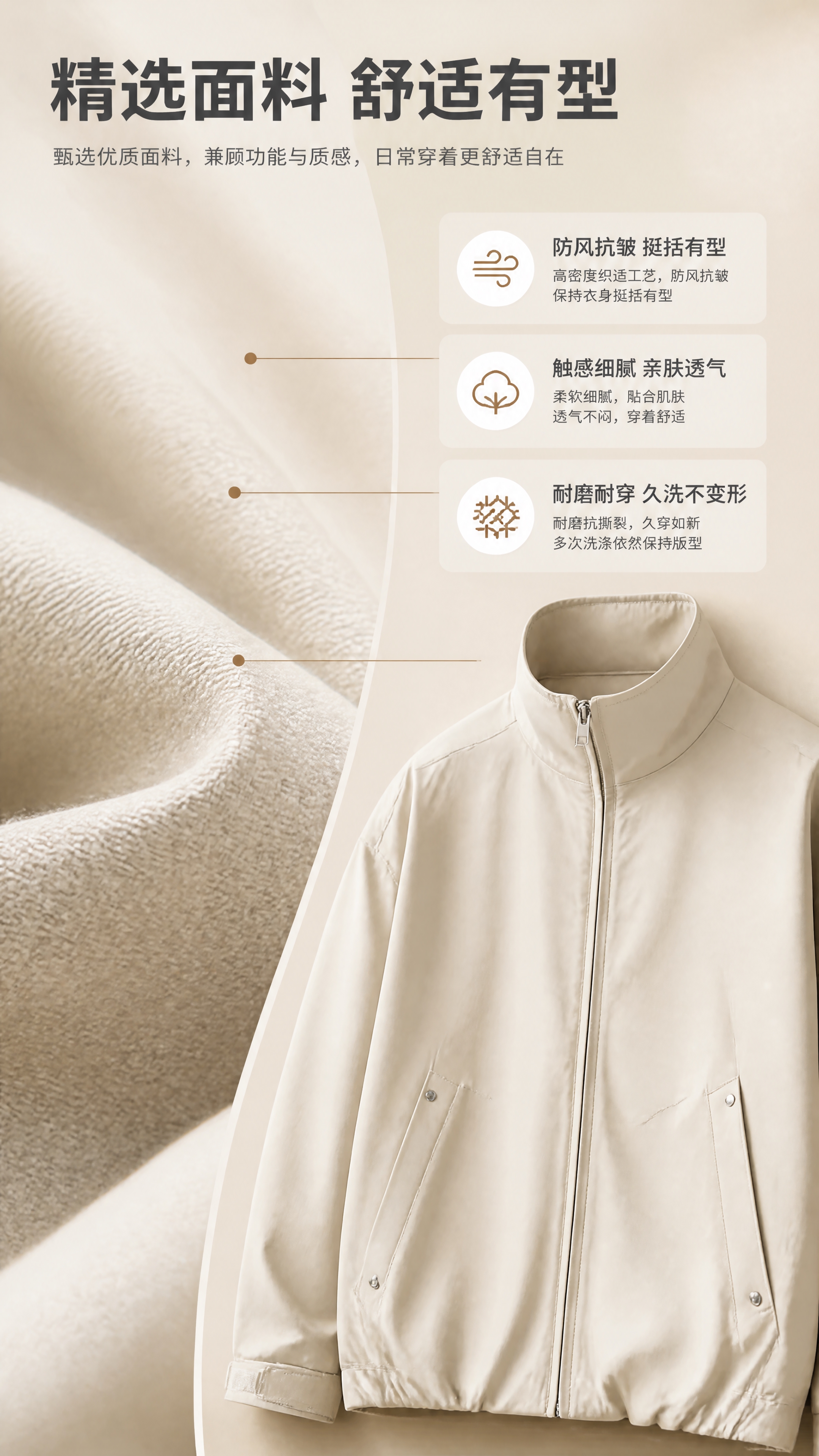 [商品] 使用【图1】浅米色男士立领休闲夹克；商品处理：保留立… - 图片创意预览