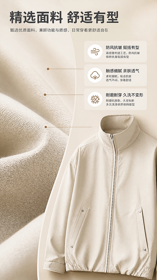 [商品] 使用【图1】浅米色男士立领休闲夹克；商品处理：保留立领、拉链、落肩袖、斜插口袋、铆钉、袖口魔术贴、下摆松紧和浅米色调；自然去皱理顺，增强面料纹理、织物质感与五金高光，不改变版型结构。
[画面] 页面目标：面料工艺页，强调面料品质与穿着体验。构图：左侧面料微距特写占50%，右侧夹克局部+文案说明。景别：特写+中景结合，左侧放大面料织纹细节，右侧展示衣身局部。前中后景：前景面料纹理特写，中景夹克局部，后景浅米色哑光背景。阅读动线：从左上面料标题到左侧特写再到右侧说明。
[视觉] 套系策略：风格=轻商务都市休闲风，高级商业摄影质感；标题字=现代无衬线粗体，字重Bold；正文字=简洁无衬线体，字重Regular；主色=浅米杏；背景延展=基于浅米杏做深浅层级、同色渐变和细腻织物/哑光墙面质感；强调色=深棕咖，仅用于小面积图标、引线和标签；标题色=深炭灰；正文色=中暖灰；组件=圆角浅底信息卡、细线引线、极简图标；光影=侧光突出面料纹理层次。
[文字] 顶部主标题「精选面料 舒适有型」，右侧3个面料特点：「防风抗皱 挺括有型」「触感细腻 亲肤透气」「耐磨耐穿 久洗不变形」，配细线引线指向面料特写区域，文字横排清晰可读。
[规格] 图片比例9:16竖版，4K分辨率，负向提示：避免变形、错字、文字过小、冷蓝/蓝灰背景、衣服颜色改变、面料失真、白底、极限词、竖排文字。