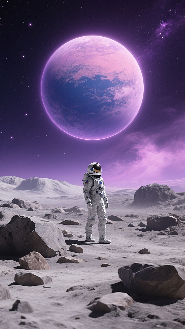超写实风格宇宙景观，深邃神秘的暗紫色星空背景，点缀着无数闪烁的星辰，远方有朦胧的星云散发着幽幽粉紫色光芒。前景是布满大小不一、棱角分明的灰褐色岩石的月球表面，地表覆盖着细腻的灰白色尘埃。画面中央偏上位置是一颗巨大的、被柔和粉紫色光晕环绕的类地行星，行星表面有深蓝色的海洋纹理和淡粉色的云层，呈现出梦幻的渐变色彩。一位穿着银白色宇航服的宇航员站在岩石群中，微微抬头望向行星，宇航服头盔反射着行星的光芒，姿态沉静而充满探索感。整体构图采用三分法，行星占据上半部分视觉重心，宇航员与岩石地表构成下半部分主体，光影对比强烈，行星边缘有明亮的高光过渡，营造出宁静而壮丽的宇宙探索氛围，具有极高的细节质感和电影级视觉效果。