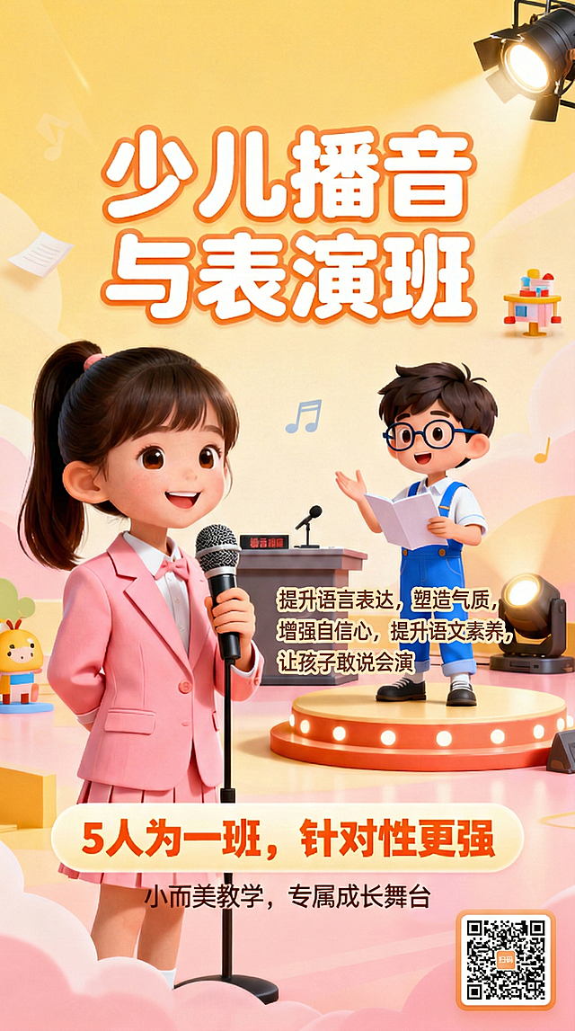 在海报合适位置添加用户提供的二维码，加入文案“提升语言表达，塑造气质，增强自信心，提升语文素养，让孩子敢说会演”，保持画面大气活泼的风格