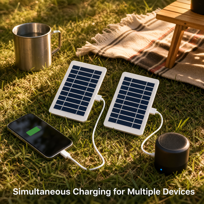 [Main Image 4] 2-Pack 5V 2W Solar Panel outdoor camping multi-device charging scenario. Keep the ori预览效果