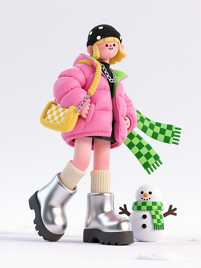 3D风卡通女孩，粉色羽绒服搭配银色靴子，萌趣雪人相伴，毛发生长感细节，梦幻潮流冬日场景。