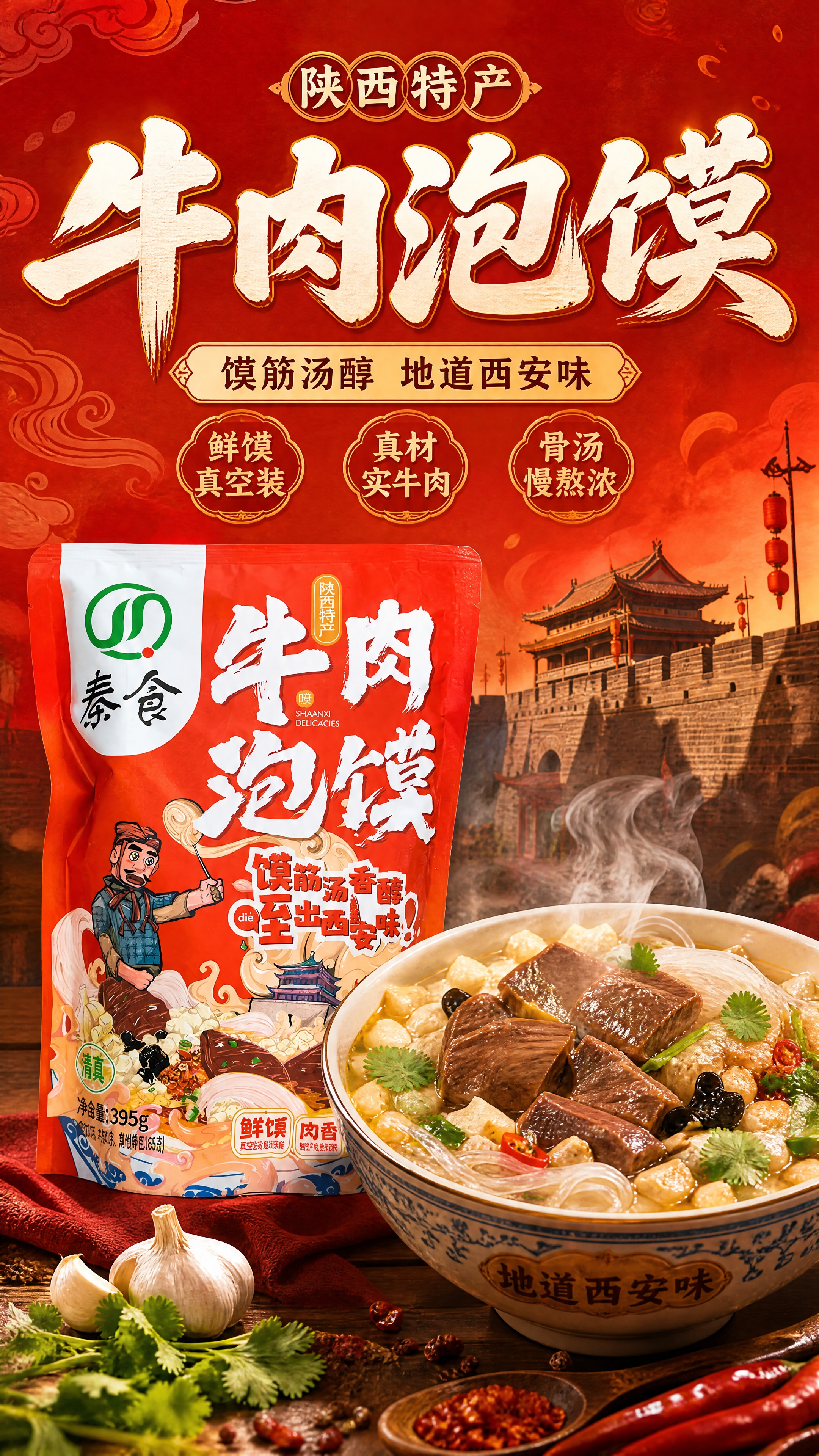 [商品] 使用【图2】秦食牛肉泡馍红色包装袋正面图；保留包装整… - 图片创意预览