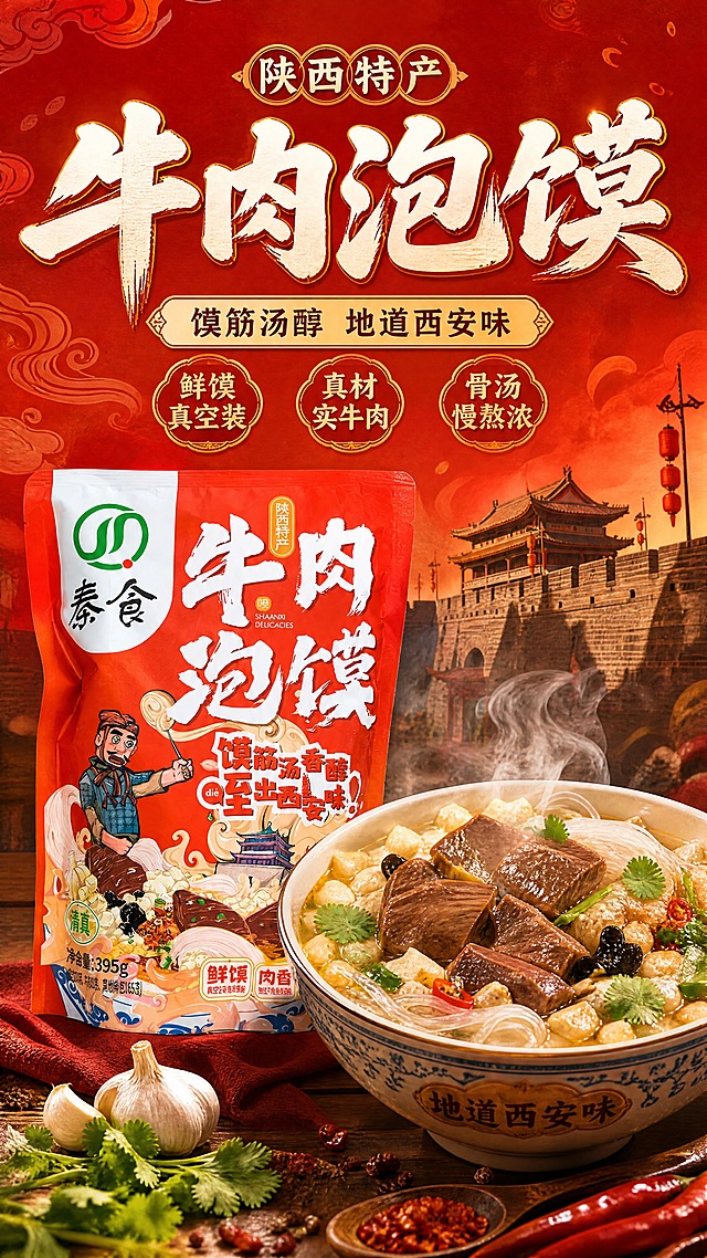 [商品] 使用【图2】秦食牛肉泡馍红色包装袋正面图；保留包装整体结构、秦食绿色Logo、牛肉泡馍白色大字书法字体、兵马俑卡通人物、西安钟楼图案、清真标识、395g净含量、底部鲜馍肉香骨汤浓三枚黄色标签及所有包装原有文字与图案；清晰化包装文字，不改变颜色、比例和结构。
[画面] 首屏KV海报，目标突出陕西特产牛肉泡馍的地道西安味与食欲感。上文下图构图，上方百分之三十五区域为标题文案区，下方百分之六十五为产品与成品泡馍组合展示。产品包装袋居中偏左放置，占画面百分之四十；右侧及前景摆放一碗热气腾腾的牛肉泡馍成品，可见大块牛肉、馍粒、粉丝、香菜，汤汁浓郁冒着白色蒸汽，占画面百分之四十五。背景为暖红色渐变，融入西安古城墙剪影与祥云国潮纹样，营造陕派市井烟火氛围。前景点缀蒜瓣、香菜叶、辣椒等食材元素。
[视觉] 套系策略：风格=国潮陕派市井风，暖红色调，食欲感商业摄影；标题字=国潮书法粗体，带毛笔笔锋；正文字=现代无衬线黑体；主色=中国红+暖橙红；背景延展=基于红橙渐变做深浅层级，融入国潮祥云、古城墙纹样与纸张肌理；强调色=金黄色，用于小面积标签、图标、引线和高光；标题色=米白色+金黄色描边；正文色=深棕红；组件=圆角红底金边信息卡、祥云纹样装饰、中式印章标签；光影=左前侧暖柔光，蒸汽逆光轮廓，突出食物油润光泽。
[文字] 顶部居中主标题陕西特产 牛肉泡馍，副标题馍筋汤醇 地道西安味；下方配三枚卖点小标签：鲜馍真空装、真材实牛肉、骨汤慢熬浓。文字均为横排，不遮挡产品包装主体与泡馍成品核心区域。
[规格] 图片比例9:16竖版，4K，负向提示：避免包装变形、文字错乱、颜色偏差、食物失真、冷蓝灰调、极限词、二维码、平台Logo、水印。