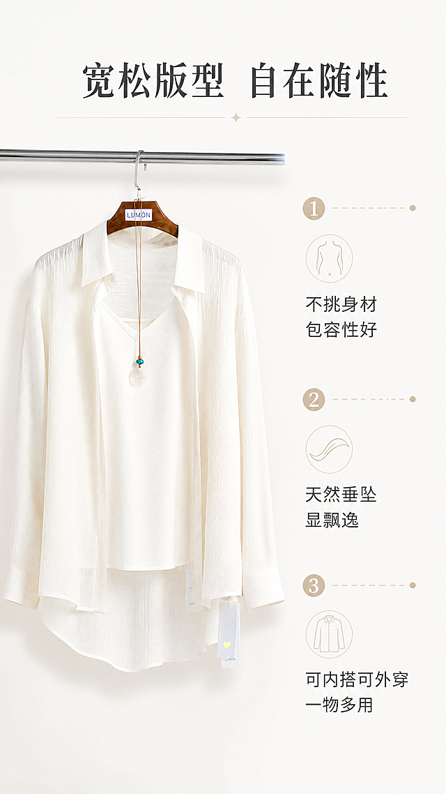 几个问题目前需要改进：1.详情页卖点可以改一下，目前这件衣服的主要卖点没有体现，如门襟蕾丝拼接；竖绉纹肌理桑蚕丝；背后育克后中褶等2.目前搭配只有一套look，我们之前拍摄的时候搭配是四套look，有休闲风有职场风有裙装有裤装3.没有防晒指数和质检报告是不能称为防晒衣的，只能提到简易防晒。

可以参考：Title:夏日通勤&度假‘荃能单品’
这件竖绉纹桑蚕丝衬衫轻盈、透气、自带清凉「全开襟设计」，自由随性适应多种穿搭场景「天然贝母扣」温润如玉，于细微处彰显品质门襟两侧内嵌的「玫瑰蕾丝」如同晨露中的花瓣，为硬朗的衬衫注入了柔情与娇媚清透的「条纹肌理」光影下呈现流动的波光感，比传统丝绸更具艺术张力让这个夏天，既有职场的干练，又有生活的诗意