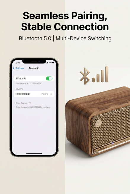2:3竖屏，欧美极简大气风格，平台详情页蓝牙连接页，严格还原EDIFIER M230蓝牙音箱产品图，产品放置在画面右侧，外观与参考图完全一致。画面为左右分栏排版，左侧是iOS原生风格的手机蓝牙配对界面预览效果