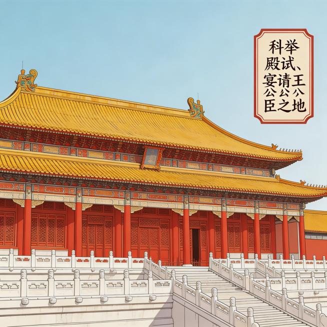 写实国风漫画功能特写格，呈现真实故宫保和殿特写，实景殿宇，文字标注“科举殿试、宴请王公大臣之地”，写实国风漫画风格，色调贴合朱红、明黄、汉白玉白，贴合故宫实景预览效果