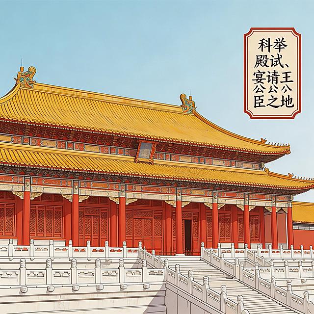 写实国风漫画功能特写格，呈现真实故宫保和殿特写，实景殿宇，文字标注“科举殿试、宴请王公大臣之地”，写实国风漫画风格，色调贴合朱红、明黄、汉白玉白，贴合故宫实景