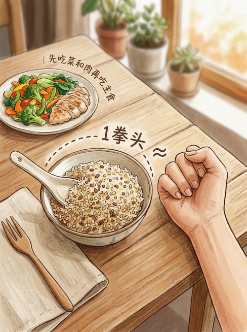 一张干净的餐桌俯视图，木质桌面，自然光，背景温馨明亮。上面摆着一碗煮好的杂粮饭，旁边一只成年人的手握成拳头，放在碗旁边进行对比——拳头的大小与碗里的米饭体积大致相等。碗上方有一个简单的虚线圆圈示意"≈预览效果