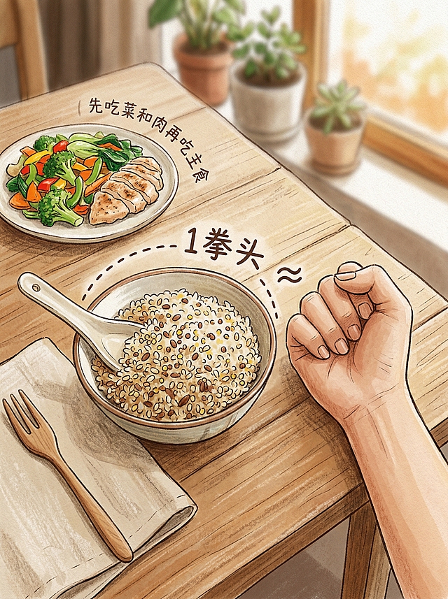 一张干净的餐桌俯视图，木质桌面，自然光，背景温馨明亮。上面摆着一碗煮好的杂粮饭，旁边一只成年人的手握成拳头，放在碗旁边进行对比——拳头的大小与碗里的米饭体积大致相等。碗上方有一个简单的虚线圆圈示意"≈"，旁边用可爱字体写着"1拳头"。画面一角放一小碟蔬菜和一小份鸡胸肉，暗示"先吃菜和肉再吃主食"的搭配。整体画风清新手绘插画风格，色彩温暖自然，突出"主食不过一拳"的直观对比，传达简单易操作的减脂理念