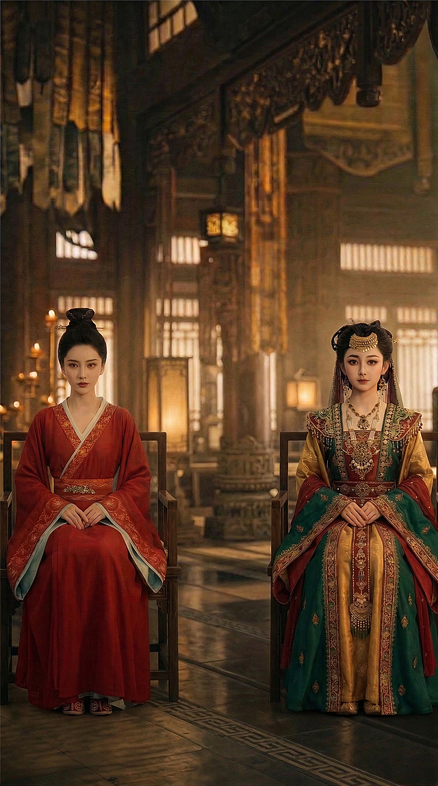 去掉画面中间的两个女子，将剩下的左侧穿红色汉服的女子和右侧穿红绿金汉服的女子的位置调整得挨得近一些，保留原有的古风室内场景、古典建筑风格和光影效果，画面自然和谐没有违和感