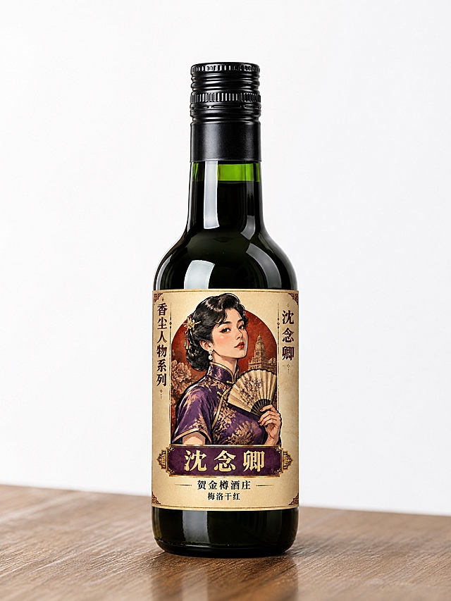 产品摄影图，一只187ml小容量深绿色玻璃红酒瓶，瓶身圆润，黑色螺旋盖，瓶身正面贴有沈念卿酒标。酒标为民国复古风格，米黄色做旧纸张背景，中央是穿紫色金线旗袍持折扇的优雅女性沈念卿半身像，左侧竖排"香尘人物系列"，右侧竖排"沈念卿"，底部紫色牌匾写"沈念卿"，下方"贺金樽酒庄 梅洛干红"。酒标贴合瓶身有自然弧度和玻璃反光质感，酒瓶放置在木质桌面上，柔和自然光，高清写实，商业产品摄影风格，白色简洁背景