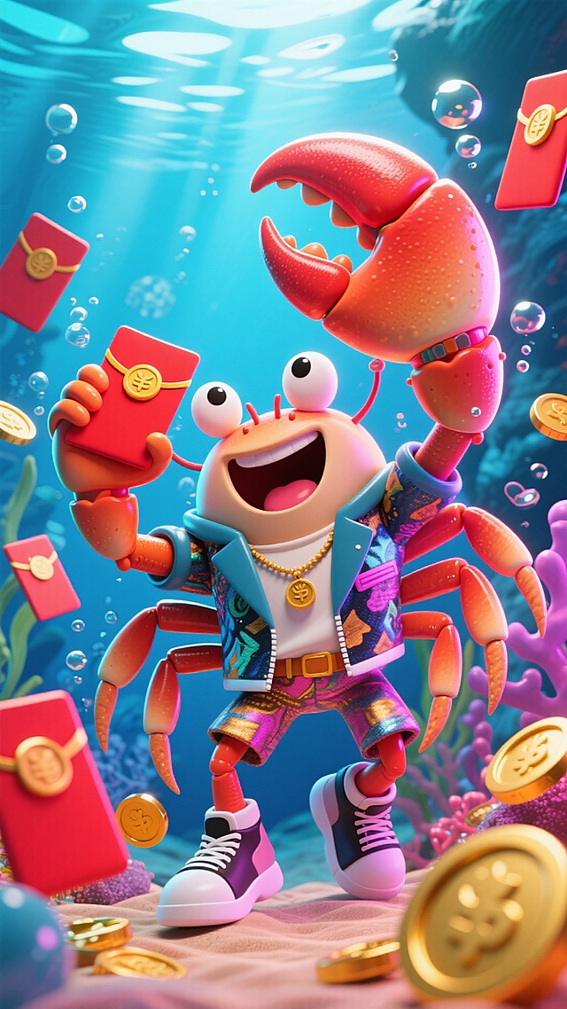 强烈镜头畸变，冲击力强，大幅度夸张动作，画面四周围绕的是很多红包和金币，一个穿搭时尚的螃蟹，左边蟹钳向前伸向镜头，夹住一个红包，惊喜的表情，表情开心，比例夸张，背景在水下世界。