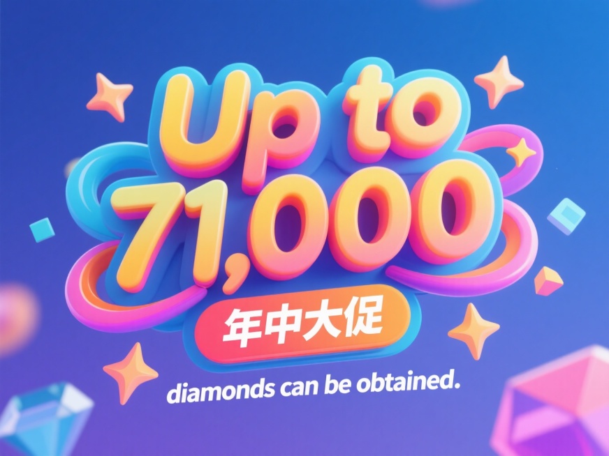 色彩鲜艳的艺术字设计，文字内容为“Up to 71,000 diamonds can be obtained.”，采用活泼醒目的渐变配色方案，字体造型在保持原文字结构基础上增加圆润流畅的曲线变化和几何预览效果