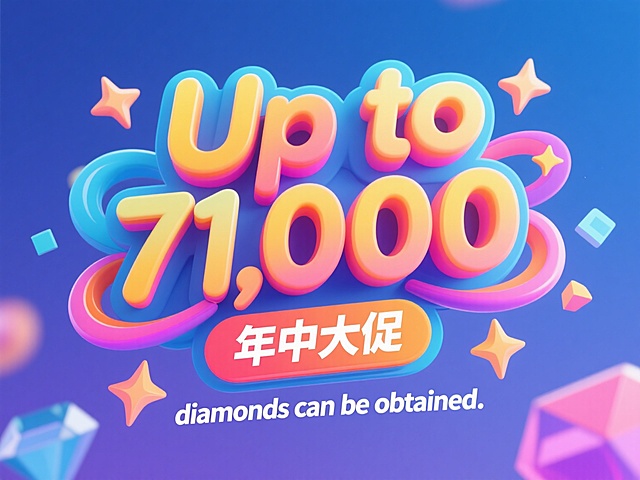 色彩鲜艳的艺术字设计，文字内容为“Up to 71,000 diamonds can be obtained.”，采用活泼醒目的渐变配色方案，字体造型在保持原文字结构基础上增加圆润流畅的曲线变化和几何图形装饰元素，整体视觉效果更具动感和现代感，文字周围配以星形图案增强促销氛围，“71,000”和“年中大促”核心文案内容清晰完整