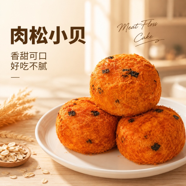 [单张主图] 肉松小贝，高级氛围感主图，突出产品的食欲和新鲜度，适配淘宝天猫平台。[画面主体] 保留原产品外观形状、肉松纹理、海苔碎分布和橙黄主色调，产品外观物理结构、材质质感、颜色与输入产品图绝对一预览效果