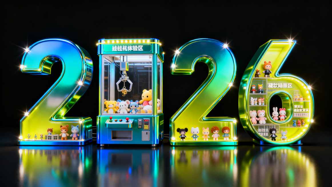 立体特效字"2026"，每个笔画都是潮玩娃娃机造型建筑，电镀蓝绿荧光黄渐变机身，搭配闪灯装饰；"20"字体内部是抓娃体验区，顾客操控机械臂抓电镀质感娃娃；"26"字体内部包含藏款娃娃展区（摆放限定隐藏预览效果