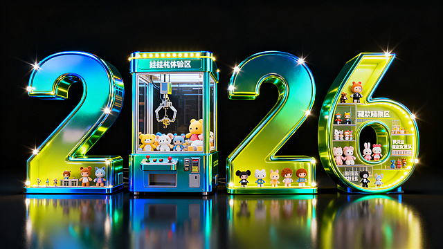 立体特效字"2026"，每个笔画都是潮玩娃娃机造型建筑，电镀蓝绿荧光黄渐变机身，搭配闪灯装饰;"20"字体内部是抓娃体验区，顾客操控机械臂抓电镀质感娃娃;"26"字体内部包含藏款娃娃展区(摆放限定隐藏款)和娃娃改造区(人们装饰娃娃)，居中对称构图，黑色背景，居中正视图正面图，精致效果，blender建模，OC渲染，16K高清，大师级作品