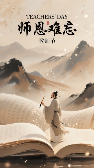 画面构思： 一幅竖版国风插画，主体为一位身着传统长袍、手持毛笔的古代文人形象，立于画面中下部。人物神态庄重而温和，目光远眺，仿佛在思考着传授知识的重任。其长袍线条流畅，衣褶自然，呈现出柔和的质感，体现预览效果