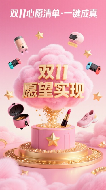 创建一个充满活力的，3D风格的宣传海报，梦幻般的粉红色渐变背景（从浅粉色过渡到深粉色，与柔和的云纹理）。  在顶部，包括引人注目的文字：“双11心愿清单·一键成真”。 在中心，一个大的蓬松的粉红色云作预览效果