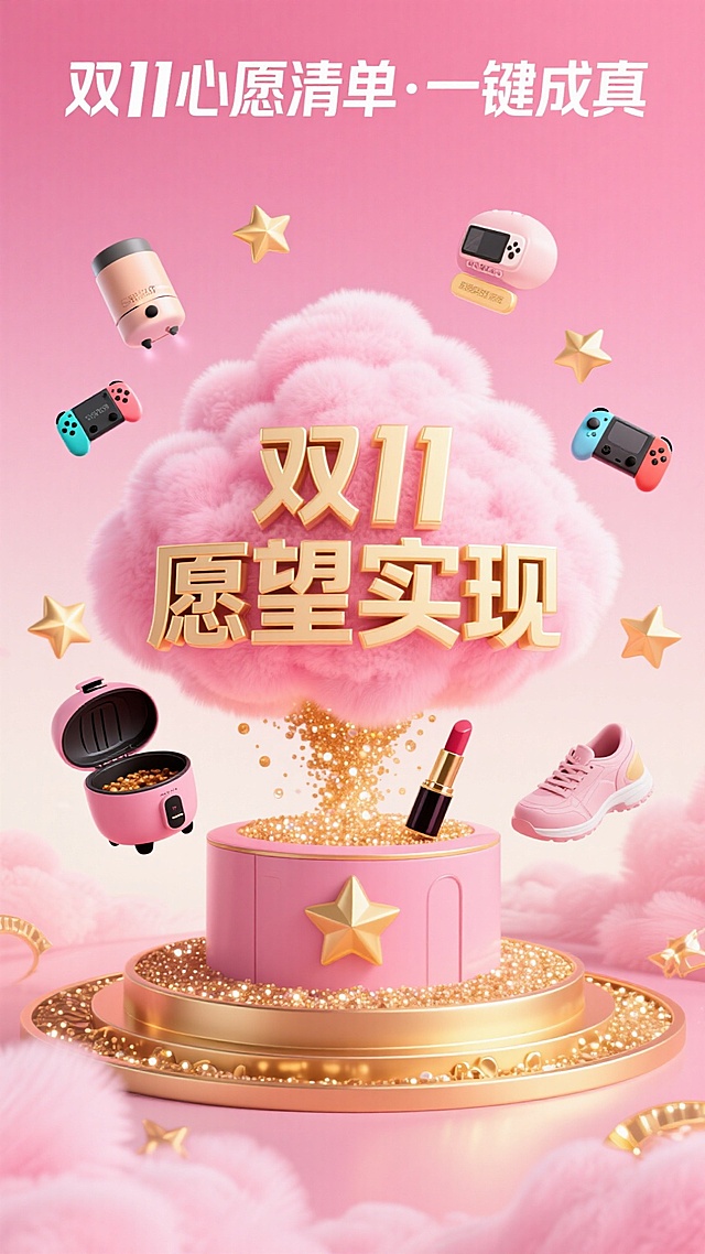 梦幻粉嫩背景，软3D毛绒云朵托起鎏金文字“双11愿望实现”，粒子流涌动，环绕游戏机、口红等商品，融合可爱感与促销氛围，喜庆甜蜜，尽显节日狂欢。