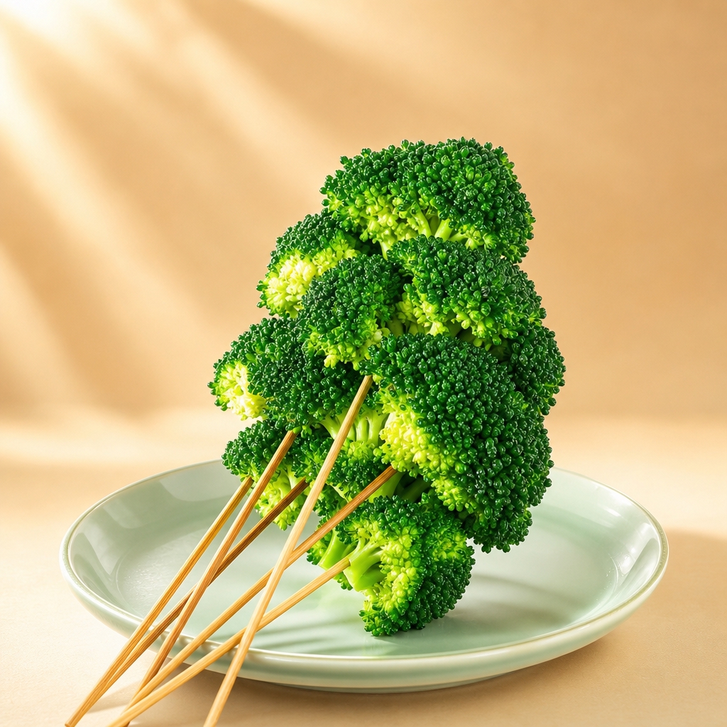 参考暖米色光影背景风格优化西兰花串：保留翠绿色饱满紧实花球、去… - 图片创意预览