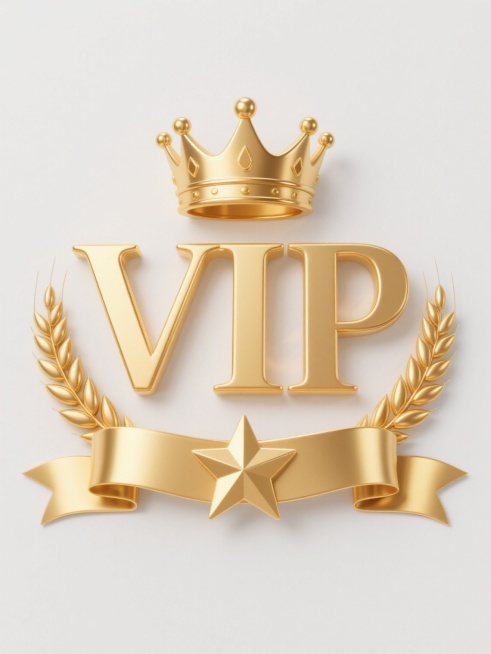 3D渲染的金色VIP徽标，上方有金色皇冠，中间是大写的“VIP”金色立体字母，下方有金色丝带和五角星，左右两侧各有一条简单的金色麦穗，呈现光滑的金属质感，明显的高光和阴影细节，叶片和麦芒形态清晰且富有预览效果