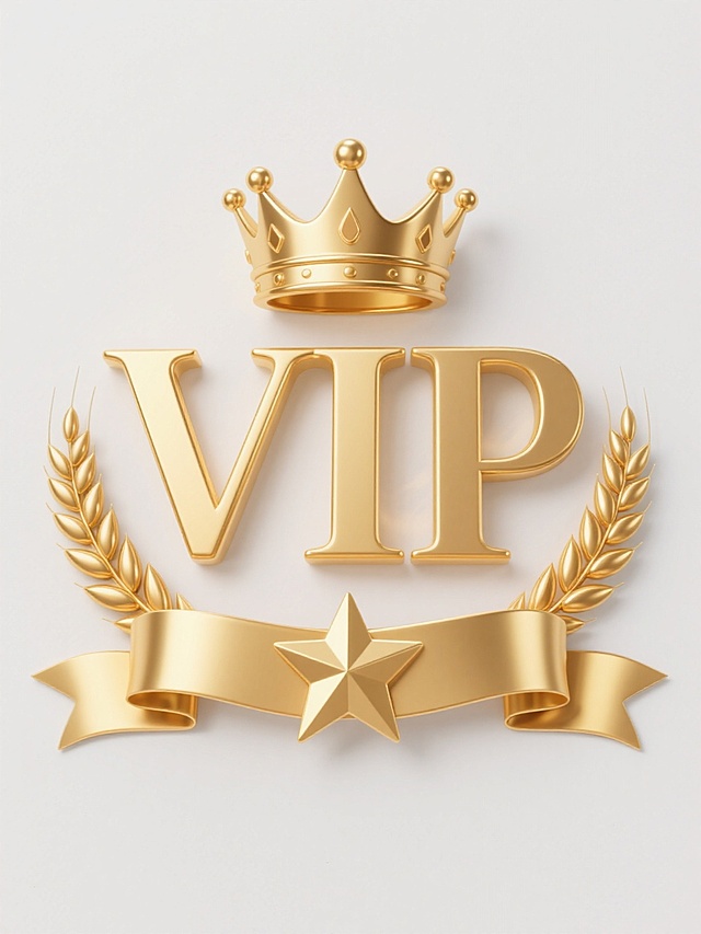 鎏金质感的3D VIP徽章，融合皇冠、麦穗与丝带，重拟物风格彰显奢华与商务尊贵感。