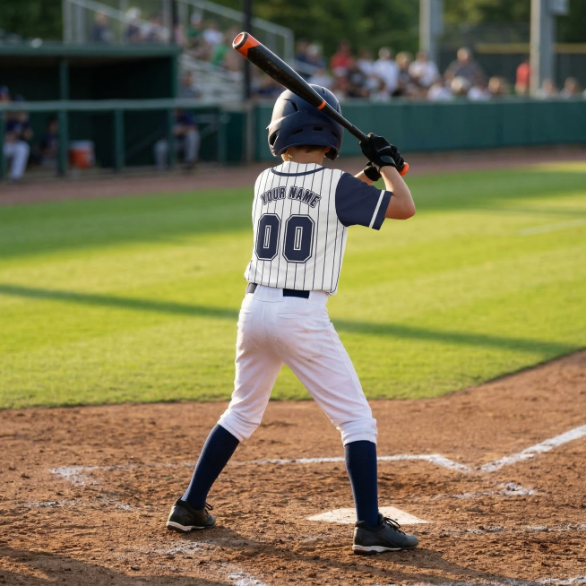 一名10岁左右男孩棒球运动员穿着图片上的棒球服，处于击球姿势，从背后拍摄，搭配白色棒球裤、藏青色球袜、黑色钉鞋，佩戴深蓝色头盔与黑色击球手套。他手持一根黑色球棒（棒头为橙色），站在本垒区的泥土场地上，预览效果