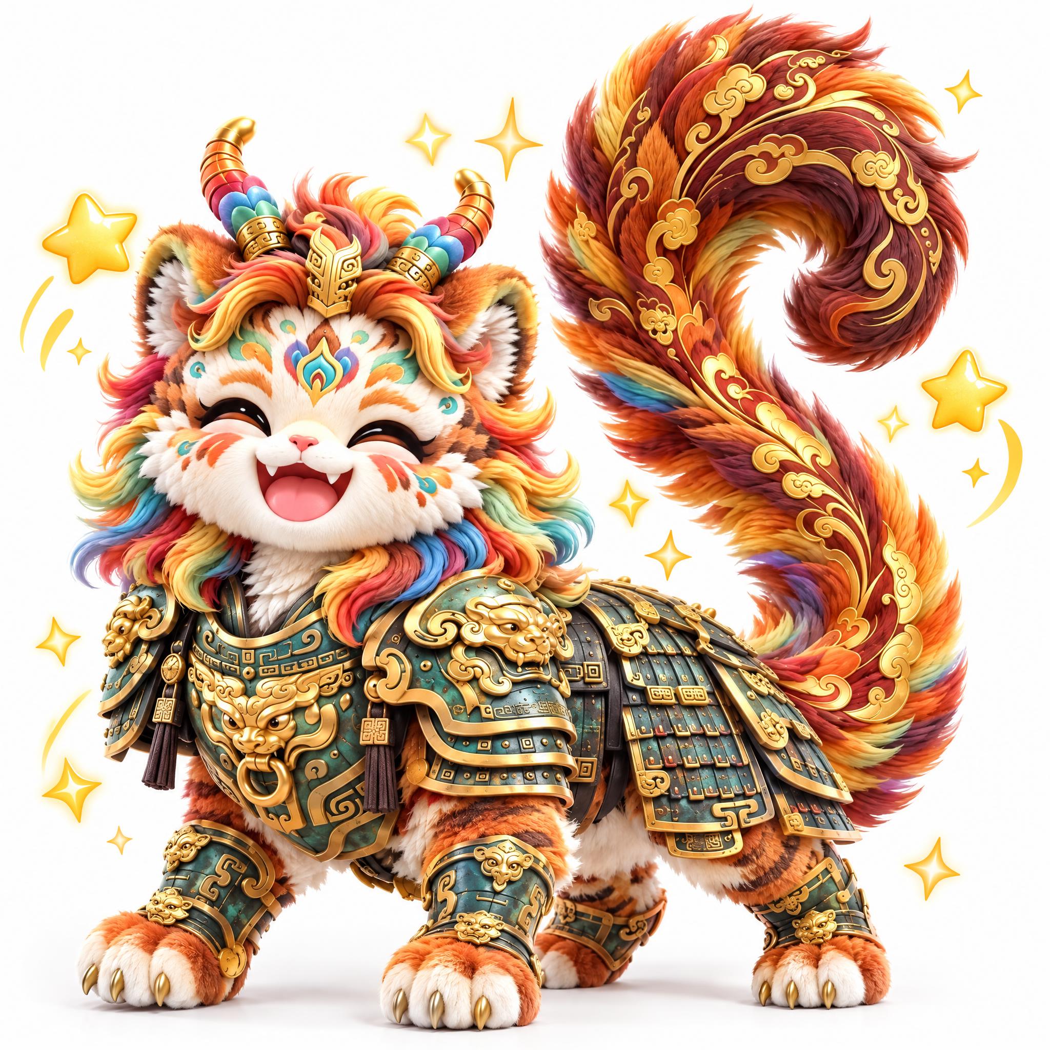 参考图中的五彩虎形小神兽（彩色鬃毛、双角、青铜金色铠甲、金色云… - 图片创意预览