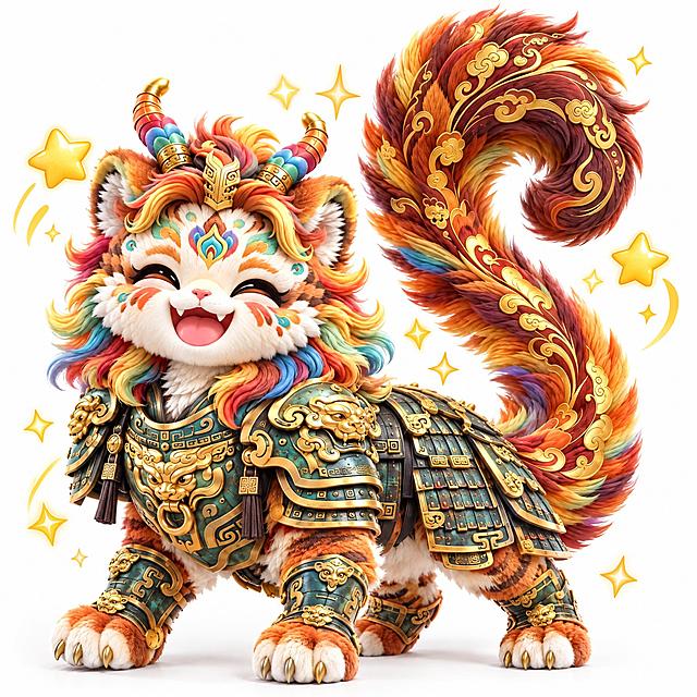 参考图中的五彩虎形小神兽（彩色鬃毛、双角、青铜金色铠甲、金色云纹大尾巴、虎纹毛发），保持角色外观特征完全一致，做出开心的表情，眼睛弯成月牙状，嘴巴开心地大笑着，尾巴高高翘起，周围有闪亮的星星特效，Q版可爱国潮风格，3D毛绒质感，纯白背景