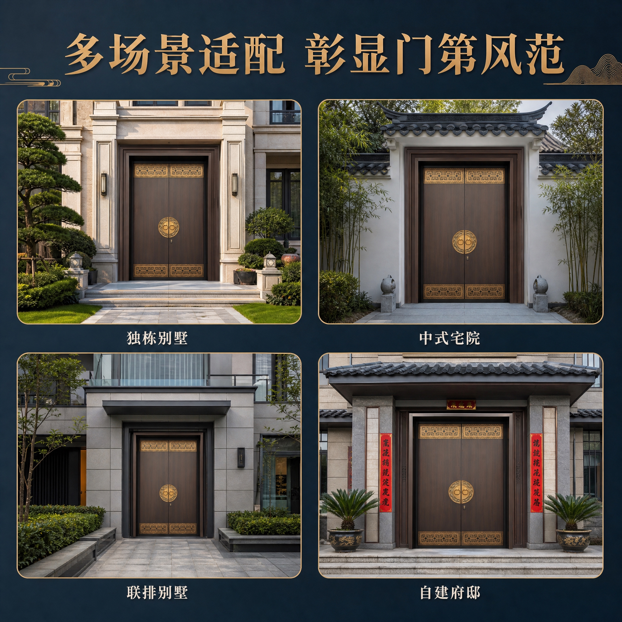 [主图-4] 新中式铜艺别墅大门多场景适配展示图，呈现不同建筑… - 图片创意预览