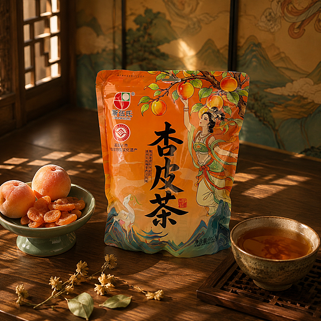超写实食品场景摄影。
主体：杏皮茶包装袋严格参照上传产品图，完整保留所有可见组件、轮廓、结构、比例、材质、颜色与产品本体上的文字信息（logo/品牌名/品名/规格/非遗标识/敦煌飞天图案等），与上传图完全一致；自然融入场景光影，与场景共处同一物理空间。产品占画面约60%，完整不裁切，中景构图，背景无其他同类食品包装。
构图：45度俯拍，黄金分割构图。
风格：敦煌国风复古。
场景：中式古风茶室木案，暖黄午后窗光，敦煌国潮氛围感。
环境材质：①案面，深胡桃木纹理；②包装袋旁，青瓷小碟盛放金黄杏干与新鲜杏子；③一侧，粗陶茶杯盛有琥珀色杏皮茶，茶汤透亮；④背景，虚化的中式屏风与青绿山水纹样，窗格投影在案面形成几何光斑。
动态生机：茶汤表面微微反光，杏果表面覆有细腻薄霜，案边散落干花与杏叶。
配色/材质：暖橙/赭石/青绿/深棕；哑光塑料包装/胡桃木/青瓷/粗陶/鲜果/干花。
光影：主光从左前方窗格斜入45度，暖调午后柔光，照亮包装袋正面飞天图案与茶汤表面；辅光为右侧暖色反射，阴影柔和过渡，层次丰富。
参数：4K 写实光追。严格锁定宽高比为 1:1。