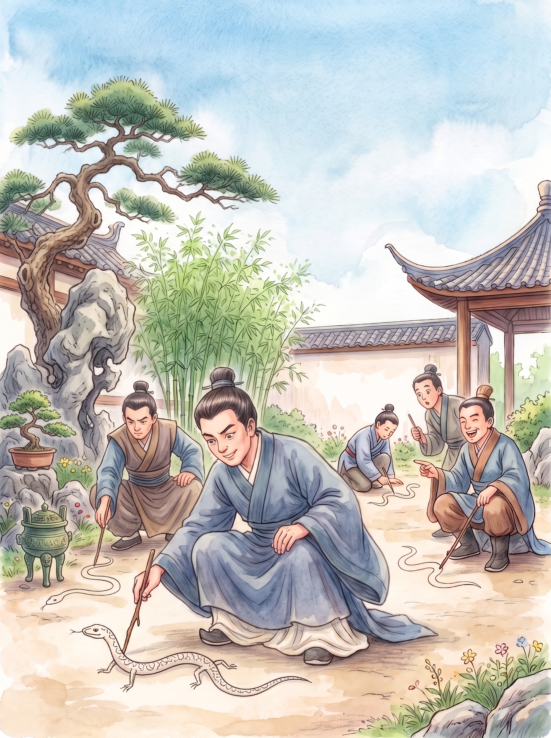 主角右后方的人物改为蹲着手拿树枝、好奇张望的表情姿势；主角左后… - 图片创意预览