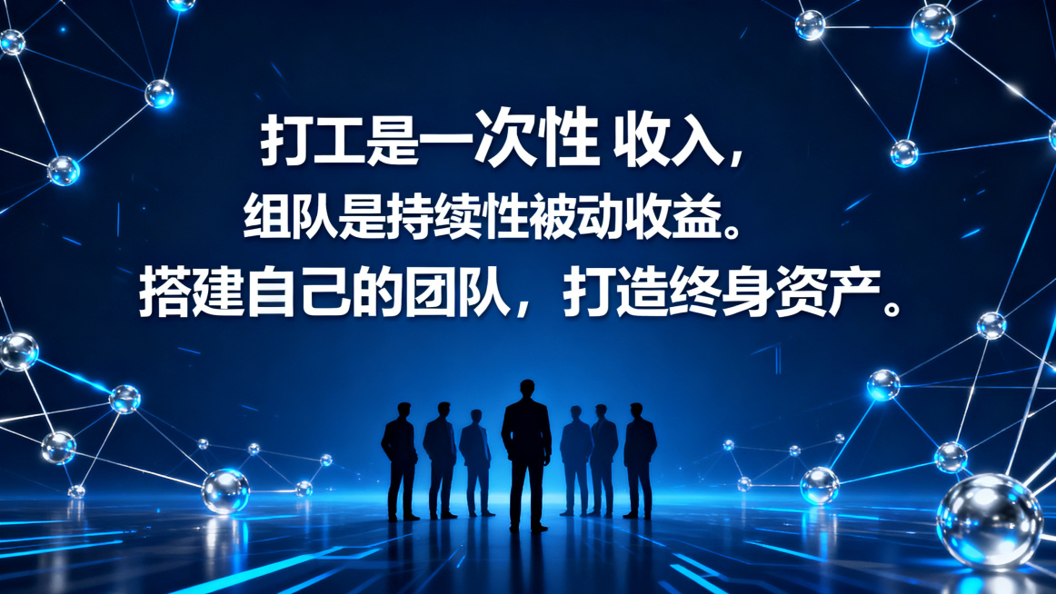 商业创业招募海报，主文案是"打工是一次性收入，组队是持续性被动收益。搭建自己的团队，打造终身资产。"，科技商务风，发光的网络连接节点和团队人物剪影，深蓝科技感背景，蓝银配色，文字清晰醒目，横版16:9预览效果