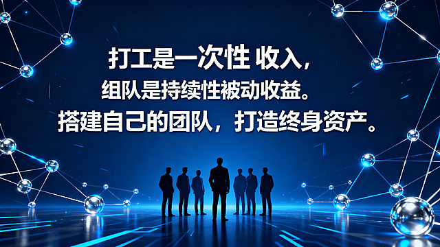 商业创业招募海报，主文案是"打工是一次性收入，组队是持续性被动收益。搭建自己的团队，打造终身资产。"，科技商务风，发光的网络连接节点和团队人物剪影，深蓝科技感背景，蓝银配色，文字清晰醒目，横版16:9海报
