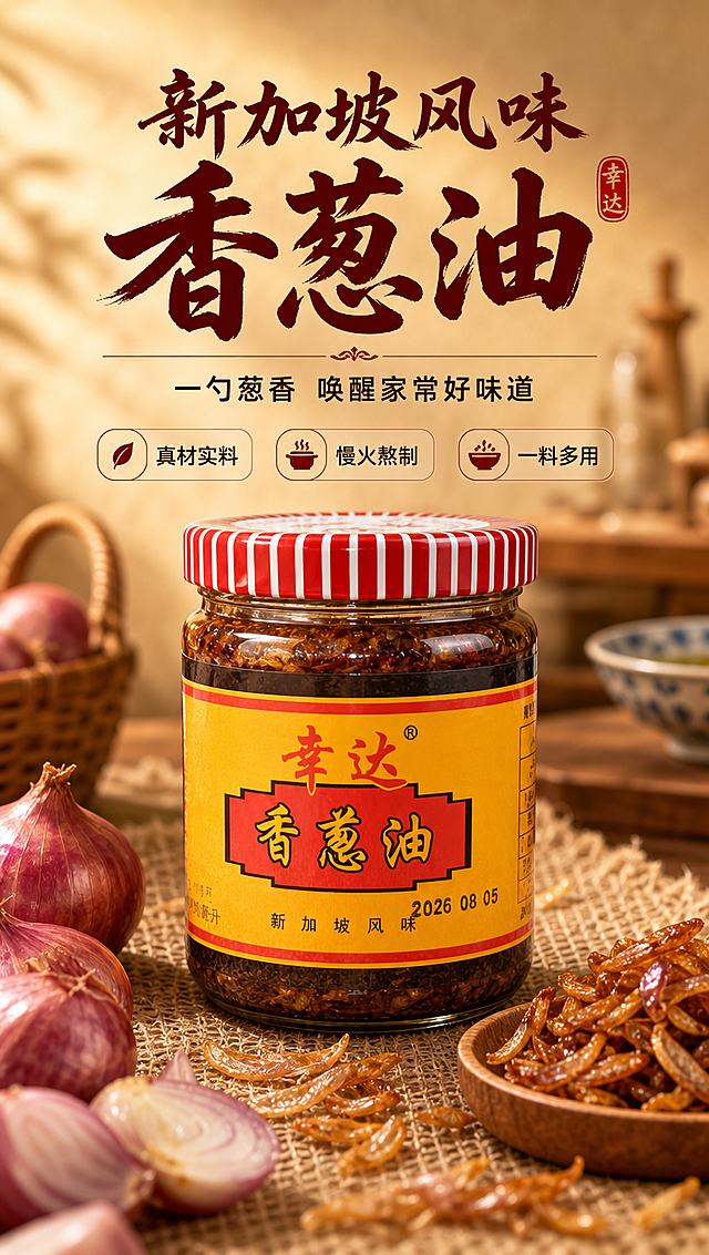 [商品] 使用【图1】幸达香葱油玻璃瓶装；保留瓶身结构、红黄标签配色、"幸达"Logo、"香葱油"大字、"新加坡风味"小字、红白条纹瓶盖、瓶内葱酥油液的颜色与质感；产品清晰完整，不改变包装文字和颜色。
[画面] 食欲氛围头图，产品海报型。产品居中偏下，占画面约55%，瓶身略微仰视，正面朝向观众。前景散落新鲜红葱头和金黄葱酥点缀，中景为产品主体，背景是暖调虚化的中式厨房台面与麻布纹理，营造家常烟火气。上方留白放标题和卖点。整体≥3层视觉层次。
[视觉] 套系策略：风格=中式家常烟火气+现代电商精致商业摄影；标题字=中式书法感粗黑体（厚重有力）；正文字=简洁无衬线中黑体；主色=暖金黄+中国红（取自瓶身标签）；背景延展=暖米黄渐变+麻布/木纹质感，深浅层级过渡自然；强调色=深棕红，仅用于小面积图标、引线和标签点缀；标题色=深棕红；正文色=暖深灰；组件=圆角浅米信息卡、细红引线、中式印章式标签；光影=左前侧暖柔光，产品正面高光清晰，底部有柔和接触阴影。
[文字] 上方居中主标题「新加坡风味 香葱油」，副标题「一勺葱香 唤醒家常好味道」；下方配3个短卖点icon：「真材实料」「慢火熬制」「一料多用」。文字横向排版，不遮挡瓶身主体和标签。
[规格] 图片比例9:16竖版，4K分辨率，负向提示：避免变形、错字、文字过小、冷蓝背景、包装文字错乱、瓶身颜色改变、白底极简。