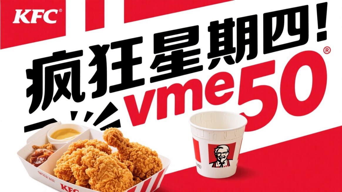 疯狂星期四的营销海报，大标题是“疯狂星期四vme50”，左上角是红白相间的“KFC”，主图是一个炸鸡套餐预览效果
