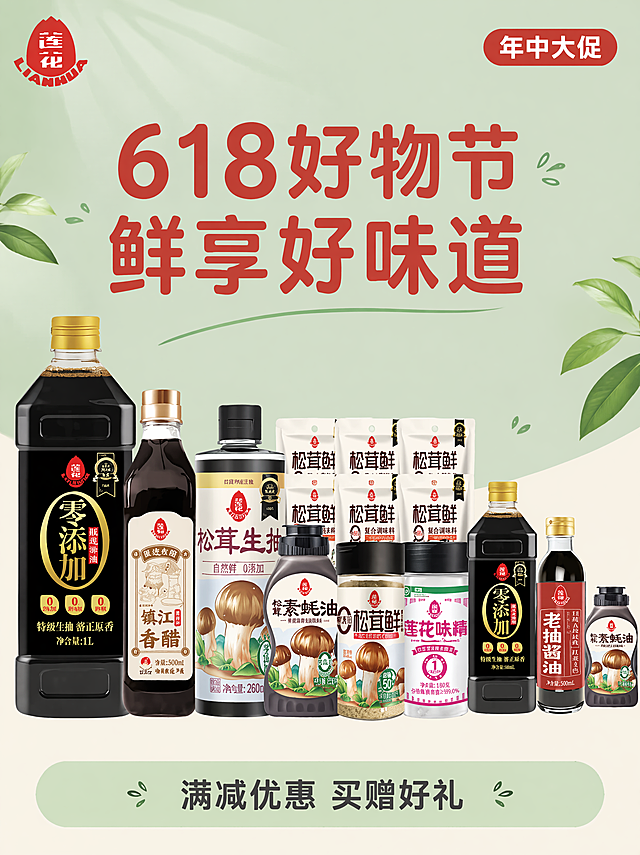 [第2屏] 本屏功能定义：618大促活动头图海报，展示莲花全系列调味品全家福，突出节日大促主题。本屏使用【图1】作为商品全家福主体，【图5】作为品牌LOGO。
[氛围/风格] 模块化扁平设计，浅绿与米白拼接背景，充足留白，光影柔和干净，排版规整，大促氛围热闹但不杂乱。
[元素布局] 头图海报占满整屏，上部为浅绿#B8D9C6背景，放置放大的主标题“618好物节 鲜享好味道”，底部米白#F9F6F0背景展示全家福产品。莲花全系列调味品全家福放置在画面中下区域，占据约60%-70%画面比例，保持各产品物理结构、包装颜色、标签文字与输入图1一致。左上角放置缩小版莲花品牌LOGO，右上角放置红色圆角“年中大促”标签。底部浅绿信息条放置“满减优惠 买赠好礼”副标题，文字居中对齐。
[光影质感] 整体光线柔和均匀，产品包装清晰真实，色彩自然，大促标签对比鲜明，产品边缘清晰，投影自然不生硬。
[配色色系] 全局底色：上部#B8D9C6（浅绿），下部#F9F6F0（米白）；主体配色：产品原包装色彩+红色主标题+深灰副标题；辅助色：红色大促标签点缀。
[视角构图] 正面平视视角，上文下图经典海报结构，LOGO左上，主标题居中，产品全家福主体中下，底部信息通栏，阅读动线从上到下流畅。
[文字版式] 标题字体采用圆角黑体，延续整体设计风格，字色仅红色主标题和深灰色副标题两种，纯色填充无额外效果。主标题字号约占画面宽度12%，副标题字号约为主标题30%，信息条内居中对齐，不遮挡产品主体。
[比例分辨率] 3:4 比例，4K分辨率，文字清晰可辨，超高清。
[负向提示词] 产品变形，包装文字错乱，颜色偏差，背景杂乱，水印，过度促销遮挡主体