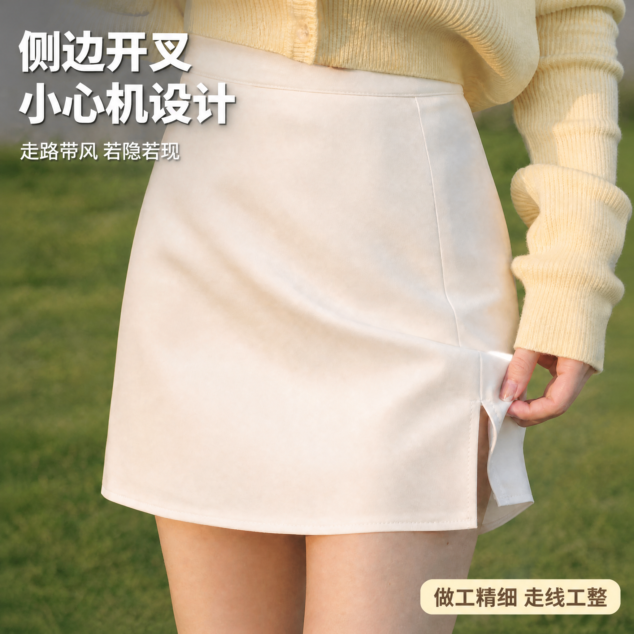 在这张白色高腰开叉A字半身短裙细节特写主图上，添加抖音风格卖点… - 图片创意预览