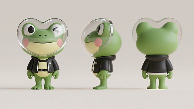 卡通潮玩，绿色青蛙拟人，巨大的头，爱心玻璃头罩，搞怪，可爱，时尚的服饰，纯色背景