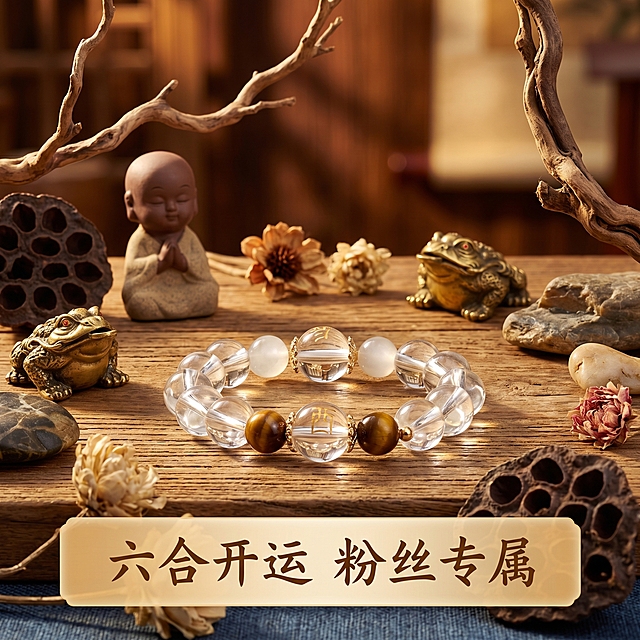 [主图 5] 产品整体场景展示，转化信任增强；
[氛围风格] 新中式禅意佛系静物摄影风，完整中式禅意原木茶桌场景，搭配沙弥和尚、金蟾、莲蓬、枯树枝、干花、天然石块全套佛系摆件，背景虚化，营造静谧浓郁有文化底蕴的氛围感；
[画质] 8K超高清商业摄影级，细节清晰饱满，精准还原天然材质质感，无塑料感无廉价感，色彩真实自然，产品清晰真实，画面干净高级；
[元素] 六合龙鸡白水晶手串完整放置在原木茶桌中央，周围搭配全套佛系小摆件围绕点缀，整体场景完整和谐，突出产品文化属性。保持手串外观、颜色、材质、生肖雕刻与输入产品图完全一致，杜绝任何变形和色差。商品主体占比约65%，画面层次清晰，主次分明，满铺无边框；
[光影] 暖金色柔和侧逆光漫射光，光线通透温润，精准凸显白水晶冰透质感和虎眼石猫眼效应，打造天然高级质感，无硬光、无过曝，高光不溢，暗部有层次；
[配色] 主色调原木浅棕色，搭配烟灰色、棕色水晶色彩和暖金色装饰，整体调性温润自然，贴合生肖命理水晶文化佛系养生主题；
[视角构图] 微俯视平视，中心场景构图，浅景深，突出手串主体；
[文字版式] 画面底部半透明悬浮条两端留空，横向排列文字卖点 "六合开运 粉丝专属"，暖金色中式书法字体，排版简洁，不遮挡手串主体；
[比例分辨率] 1:1 比例，2048*2048，2K分辨率，文字清晰锐利；
[负向提示词] 变形，水印，文字错乱，产品图模糊，背景杂乱，塑料感，廉价感，过曝，硬光，遮挡主体，文字遮挡产品，颜色偏差，生肖图案变形，摆件拥挤，背景杂乱