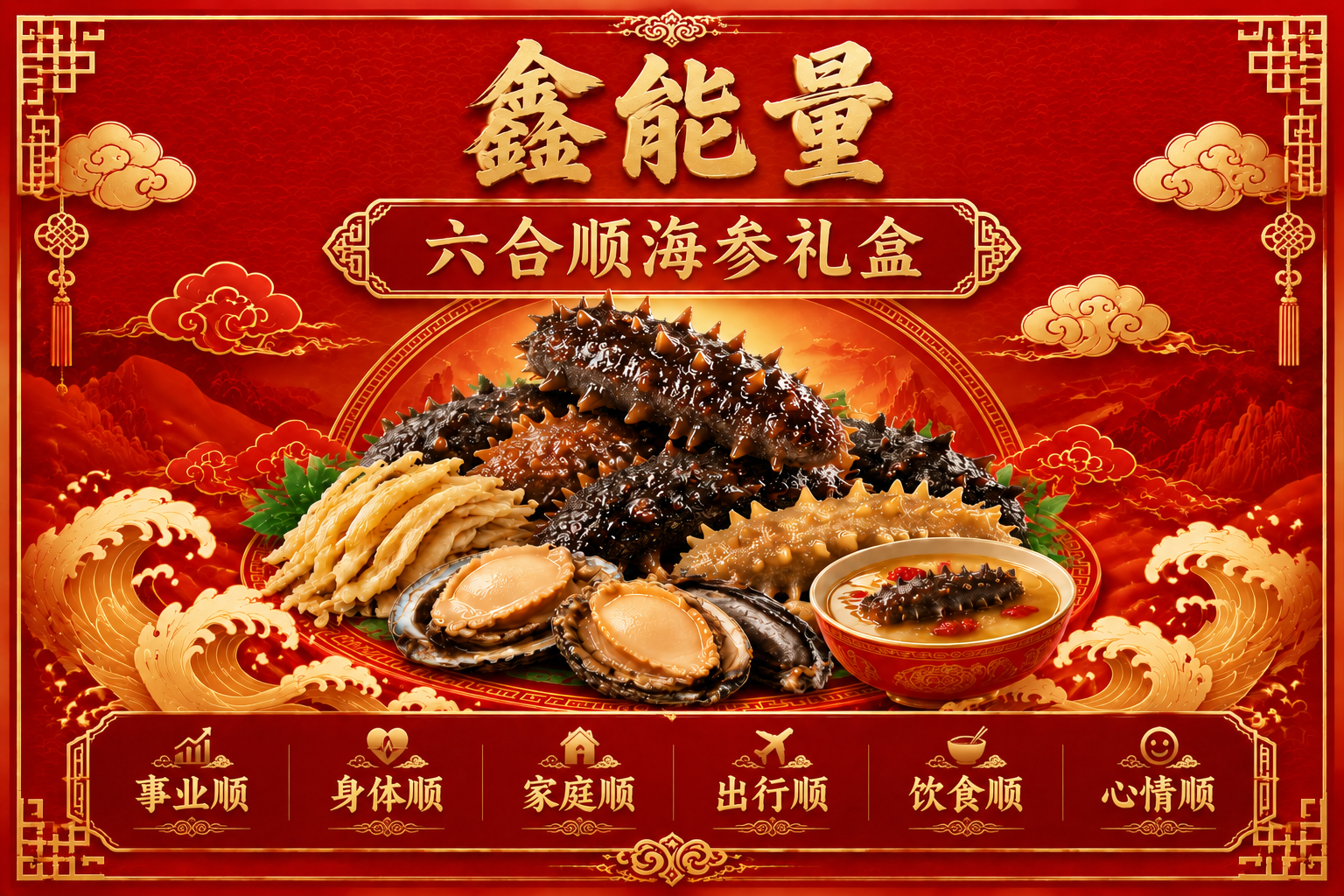 修改这张横版海参礼盒包装贴纸，将底部的产品介绍文字替换为六合顺… - 图片创意预览