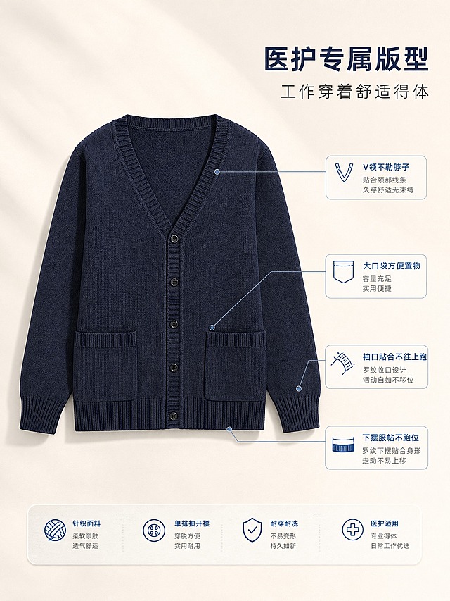 [商品] 使用【图1】藏青色V领护士毛衣开衫；商品处理：保留V领、单排扣、双贴袋、长袖、罗纹袖口下摆、藏青色和针织面料；自然去除整体褶皱，理顺垂坠，增强面料纹理、缝线和纽扣质感，不改变版型、比例和结构。
[画面] 页面目标：整体版型结构解析，说明医护工作穿着的实用性；构图：毛衣正面全貌居中偏左占画面55%，右侧及下方留白放文字和引线标注；景别：全景平铺，展示完整衣身；前中后景：前景毛衣主体、中景浅桌面、后景浅米白渐变背景；场景：浅米白医疗风干净桌面，毛衣平整自然铺开，微有立体起伏不僵硬，有柔和投影和环境光。
[视觉] 套系策略：风格=干净专业医疗风商业摄影；标题字=现代无衬线粗体；正文字=简洁无衬线体；主色=藏青+浅米白；背景延展=基于浅米白做深浅层级、同色渐变和细腻纸张/布料质感；强调色=雾霾蓝，仅用于小面积图标、引线和标签；标题色=深藏青；正文色=中灰；组件=圆角浅底信息卡、细线引线；光影=左前侧暖柔光，柔和自然。
[文字] 右上放主标题「医护专属版型」、副标题「工作穿着舒适得体」，从V领、口袋、袖口、下摆四处引出细线标签标注：V领不勒脖子、大口袋方便置物、袖口贴合不往上跑、下摆服帖不跑位；文字横向排版，不遮挡衣身主体。
[规格] 图片比例3:4竖版，4K，无人物、无手部、无模特；负向提示：避免变形、错字、文字过小、人物出现、冷蓝/冷灰背景、衣服颜色改变、版型拉长压扁、结构缺失。
